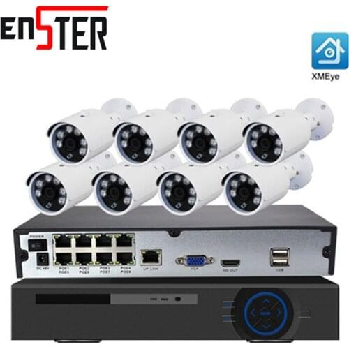 ENSTER 8 Channel Camera System POE 2MP 1080P HD Bullet Camera System Indoor And Outdoor CCTV Infrared Night Vision IP Camera