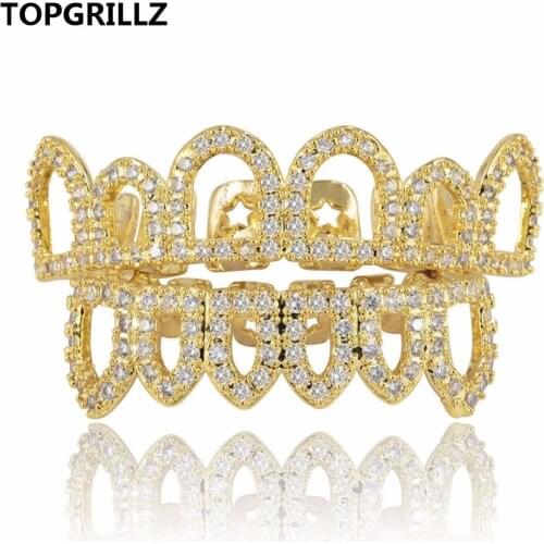 TOPGRILLZ Hip Hop Gold Color Plated Hollow Out Grillz Top &Bottom Teeth CZ Stone Micro Pave Exclusive Luxuries Set Ship From US