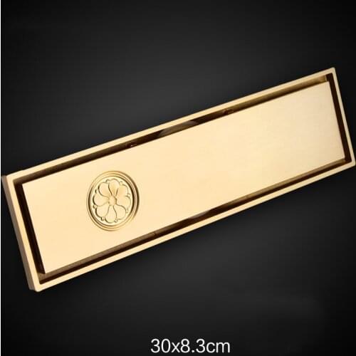 High quality Gold Pure copper brass 300*83mm bathroom Linear Shower Drain Floor Strainer drainer with flower