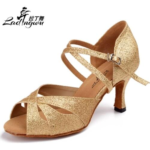 Ladingwu Flash WomenSandals Golden Ballroom Waltz Party Dance Shoes Salsa Latin Dance Shoes Heels 6cm/7.5cm/8.5cm/10cm