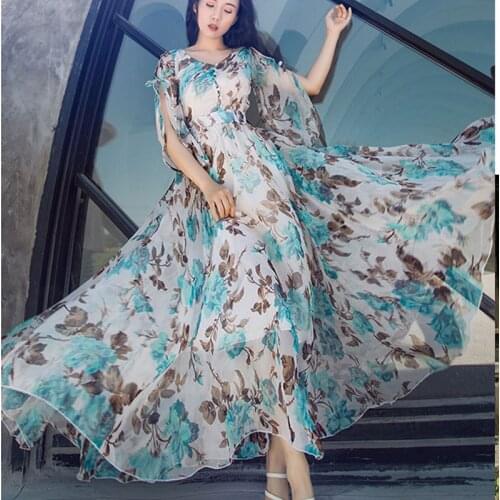 Temperament High Quality Printed Summer Women Long Dress Summer Fashion 2021 New Big Swing Skirt Floral Ladies Dress JK319
