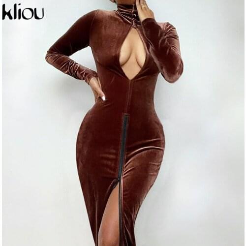 Kliou Solid Corduroy Maxi Dress Women Classic Robe Sexy Hollow Out Zipper Skirt Long Sleeve Turtleneck Female vestido de mujer