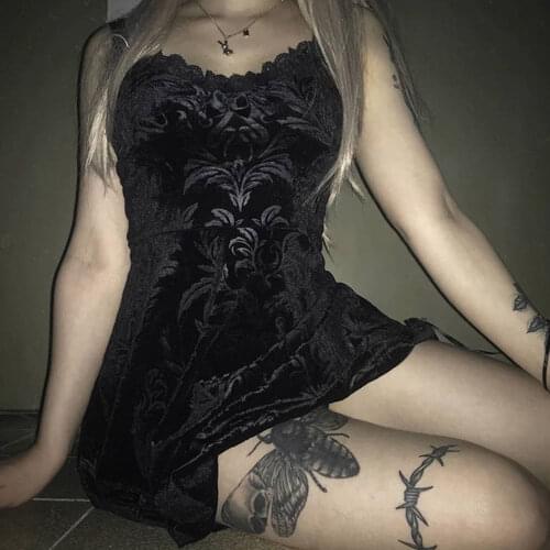Vintage Women Sexy Mini Dress Gothic Lace-up Suspender Bowknot Flocking Spaghetti Strap Pullover Deep-V Cool Retro Dresses