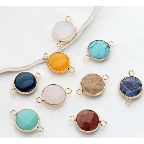 2pcs/lot 15mm Natural Stone Pendant Flat Round Double Hole Connectors Charms For DIY Jewelry Accessories
