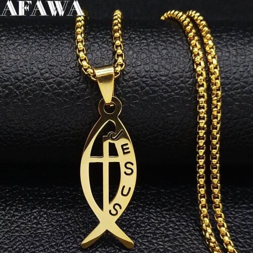 2021 Fashion Fish Cross Stainless Steel Chain Necklace for Women Gift Gold Color Necklaces Pendants Jewellery colgantes N18931
