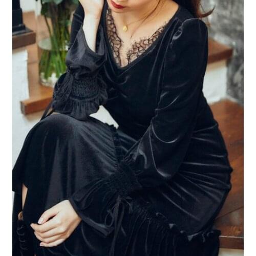 2021 Spring New Ladies Lace Patchwork Velvet Lantern Sleeve Bandage Detail Midi Dress