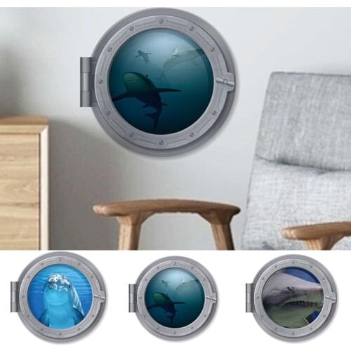 3D Submarine Porthole Wall Stickers Refrigerator Bathroom Home Decoration Shark Fishes Mural Art Pvc Decal home decoration