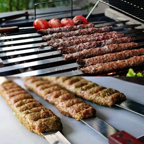 5Pcs/Set Stainless Steel Wide BBQ Skewers Long Wood Handle Barbecue Fork Stick