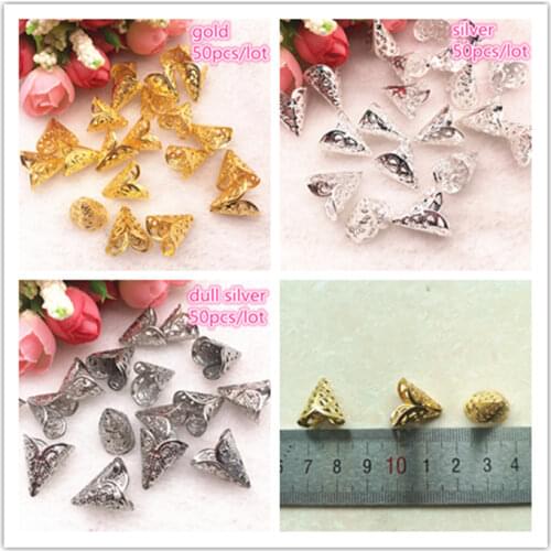 50pcs/lot 15x17mm Vintage Filigree Metal Horn Hollow Flower Spacer Beads End Caps Pendant DIY Charms Connectors Jewelry