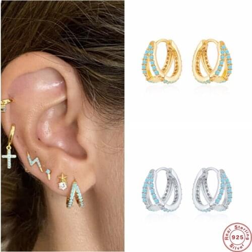 Aide 925 Sterling Silver Pave Turquoise Hoop Earrings For Women Blue CZ Crystal Double Circle Huggie Earrings Party Fine Jewelry