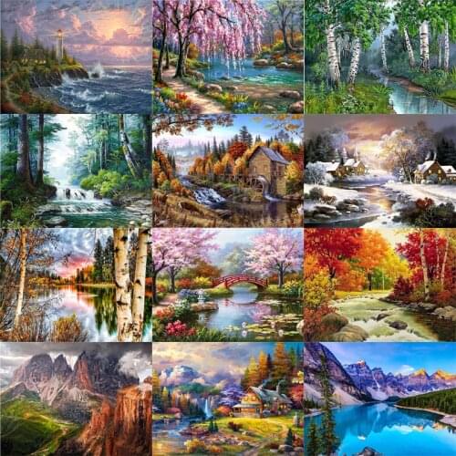 5D DIY Diamond Painting Landscape Sunset Sea Waterfall Spring Winter Scenery Embroidery Cross Stitch Kit Square/Round Drill