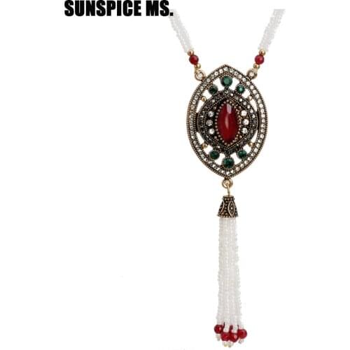 Bohemia Ethnic Bead Strand Necklace Tassel Pendant Beaded Choker Antique Gold Color Handmade Turkish Resin Long Necklace 2018