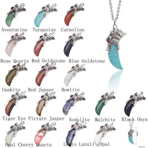 2018 Alloy Wolf Head Natural Stone Crystal Quartz Crescent Tooth Pendant Necklace Mens Jewelry