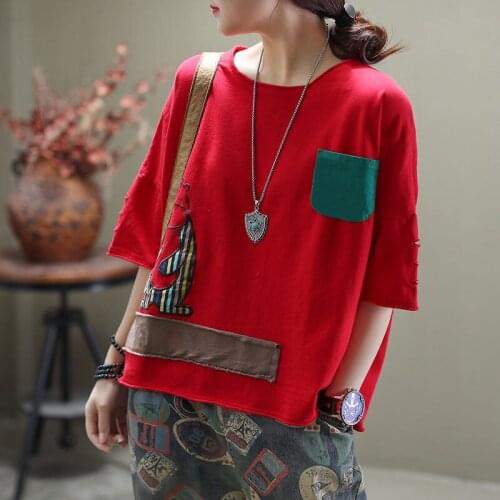 T-shirt womens T-shirt top top womens new loose summer casual wild art retro patch round neck short-sleeved T-shirt