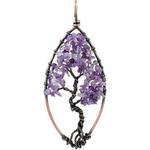 KFT Natural Healing Crystal Quartz Tree of Life Stone Pendant Marquise Amethysts Purple Quartz Reiki Chakra Necklace Jewelry