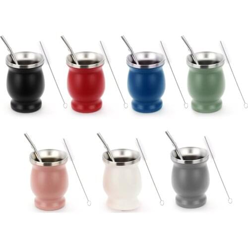 Creative Yerba Mate Gourd Double-Wall 304 Stainless Steel Coffee Water Cup with Lid Spoon&Brush Gift Mate Tea Cup Bombilla 8OZ