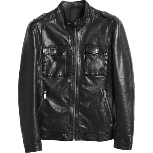 Genuine Leather Jacket Men Short Sheepakin Coat Spring Autumn Vintage Biker Motorcycle Jacket Slim Fit 13011 KJ4032