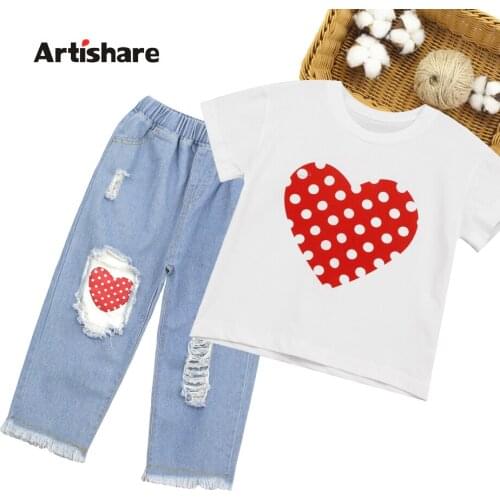 Summer Clothes For Girls Dot Tshirt + Denim Short Costume For Girls Heart Pattern Costumes For Girls Hole Tracksuit Kids