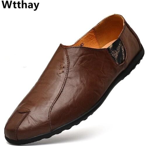 Leather Men Casual Shoes Brand 2020 Italian Mens Loafers Moccasins Soft Breathable Slip on Black Driving Shoes Plus Size 38-47