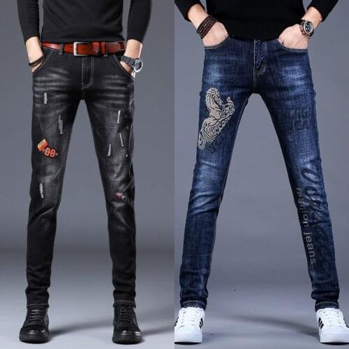 Mens trendy slimming denim pants high quality scratched fashion casual jeans classic blue jeans &black jeans