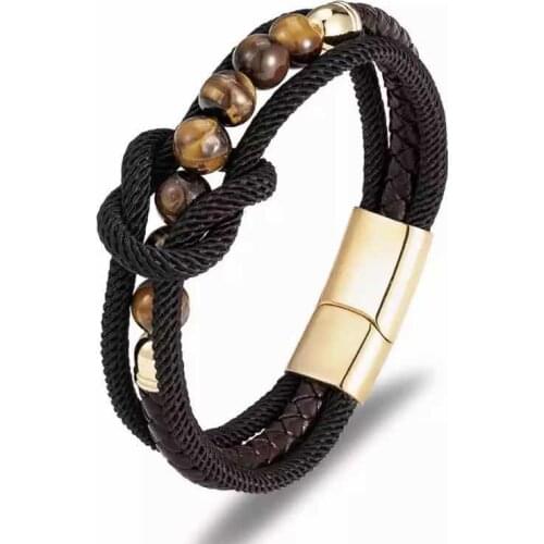 2021 new natural stone mens bracelet high quality leather stainless steel magnet buckle round beaded jewelry