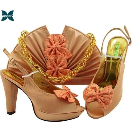 2020 Newest Fashion Italian design Ladies Shoe and Bag set for the party of African shoe matching with new ladies shoes in Peach