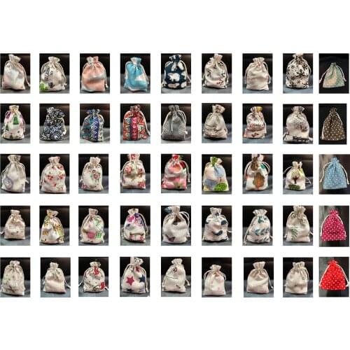 100pcs Cotton Bags For Gift Cloth Bags Drawstring Printing Multicolor Vintage Sack Burlap Gift Bag Wedding Party Pouch Jute Bag