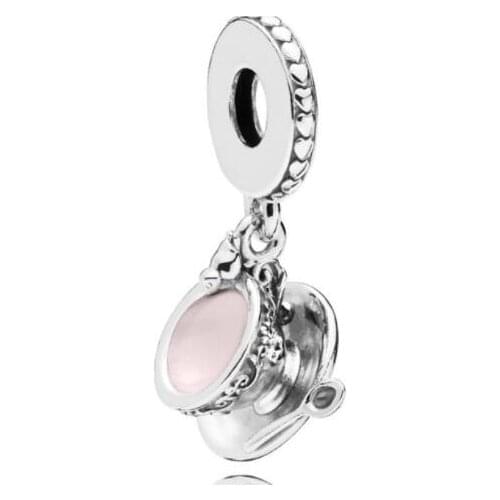 Genuine 925 Sterling Silver Charm Pink Enamel Lacework Enchanted Tea Cup Pendant Beads Fit Pan Bracelet & Necklace Jewelry