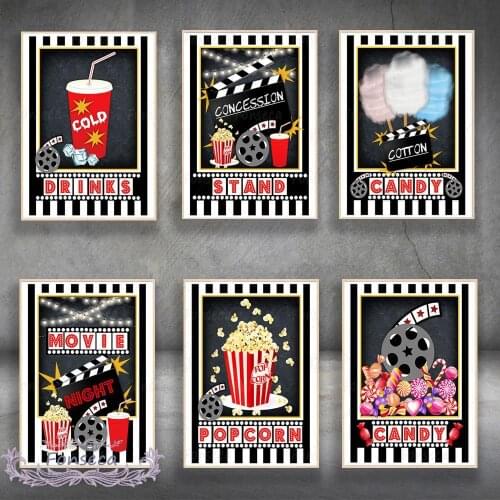 Movie Night Party Logo Poster Popcorn Cotton Candy Cold Drinks Film Sign Canvas Painting Decorative Pictures for Cinema Theater