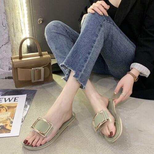 Flats Slippers Women Summer 2021 Pvc Transparent Flat With Flip Flops Metal Decoration Shoes Woman Outdoor Beach Slides Sandals