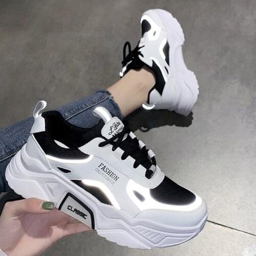 Spring Korean Reflective Platform Sneakers Women 2021 Thick Bottom Mesh Sneakers for Women Breathable Pink Casual Shoes Woman