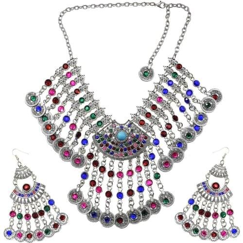 Ethnic Colorful Coin Tassel Bib Statement Necklace & Earring Sets for Women Turkish Gypsy Rhinestone Necklace Party Afghan Jewel