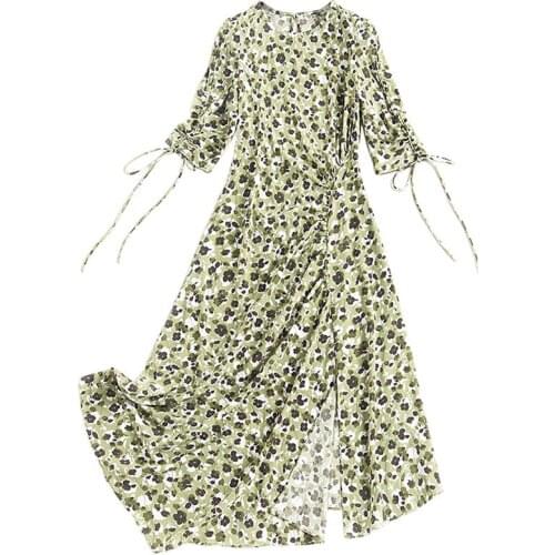 2021 Summer New Design Casual Style Irregular Shirring Floral Chiffon Dress for Ladies