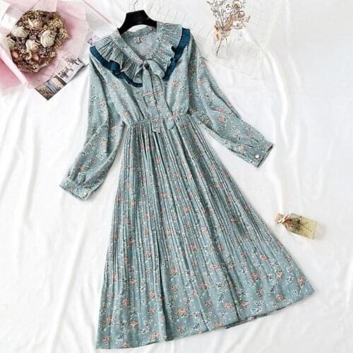Elegant Lotus leaf collar Women Floral Chiffon Dress 2021 Spring Summer Long Sleeve Print Pleated Mid-length Dress Female