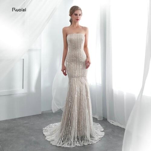 In Stock Real Sample Champagne Mermaid Evening Dress 2019 Long Lace Strapless Formal Party Dress Prom Dresses vestidos de fiesta
