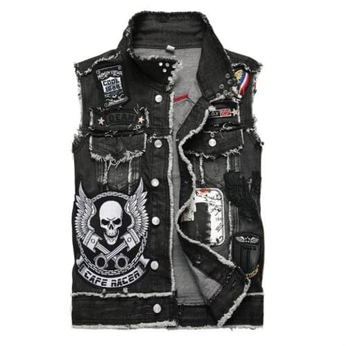 2020 Mens Punk Denim Vests Black Skull Embroidery Denim Waistcoat Slim Fit Fashion Jeans Sleeveless Jacket Male Vest Tops