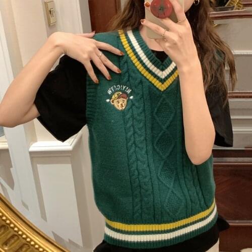Preppy Style Embroidery Sweater Vest Women V Neck Knitted Vest Sleeveless Autumn Winter Clothes Tops Jecket Chaleco Mujer