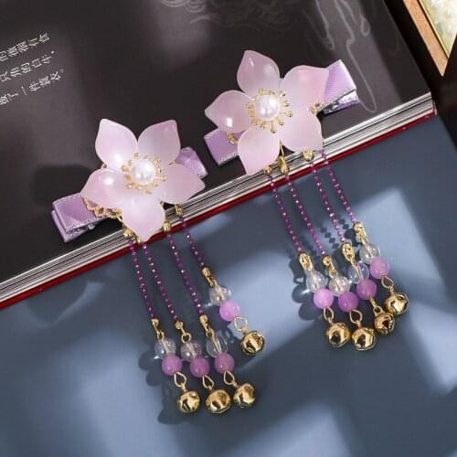 2 pcs Antique Hair Clips Pink Flower Pearl Bells Hanfu Gril Hair Acceaaory Jewelry Handmade Hair Clip