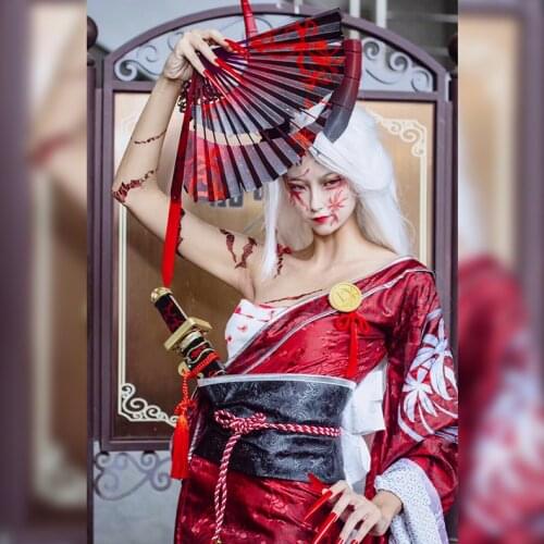 Anime Identity V Michiko Prajna Dancing Girl Red Gorgeous Dress+horn+fan+tattoo sticker Cosplay Costume Halloween Free Shipping