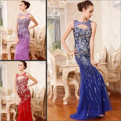 Free shipping 2016 luxury crystal beaded backless formal brides married purple long sexy tulle evening party gowns prom dresses