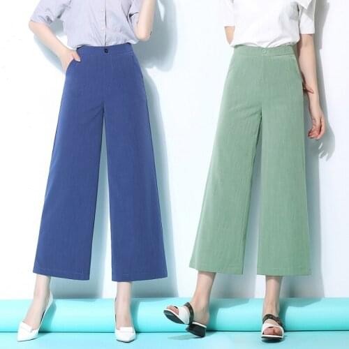 Summer Spring Casual Womens High Waist Wide Leg White Black Grey Blue Linen Ankle Length Pants , Women Female Red Grey Trousers