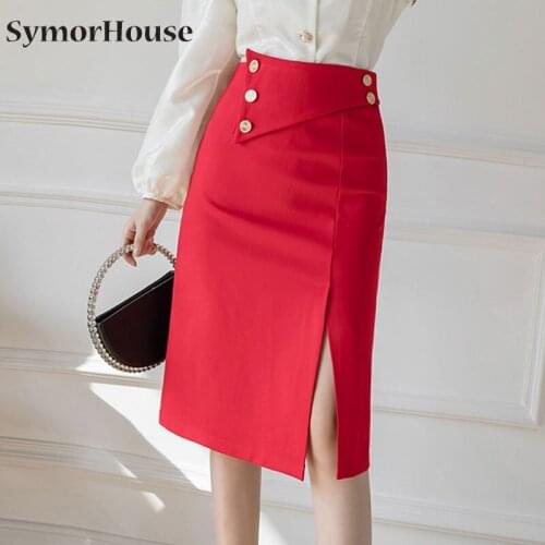 Black Sexy Plus Size Bodycon Office Pencil Skirts with Slit Womens High Waisted Elastic Red Bag Hip Skirt Step Skirt Clothes