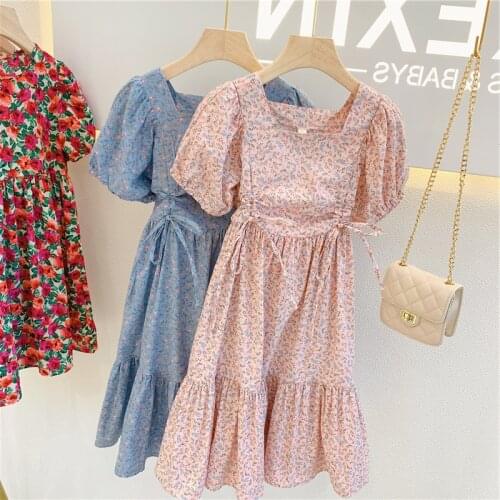 Kids Girls Floral Print Puff Sleeve Short Sleeve Dresses Korean Style Baby Girls Sweet Clothing
