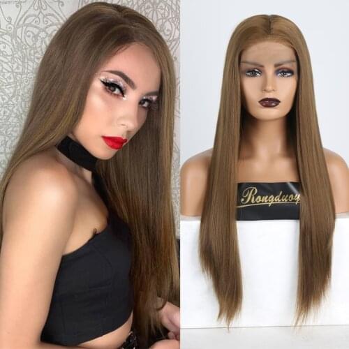 RONGDUOYI Brown Color Long Silky Straight Hair Lace Front Wig Gluless High Temperature Synthetic Lace Front Wigs for Black Women