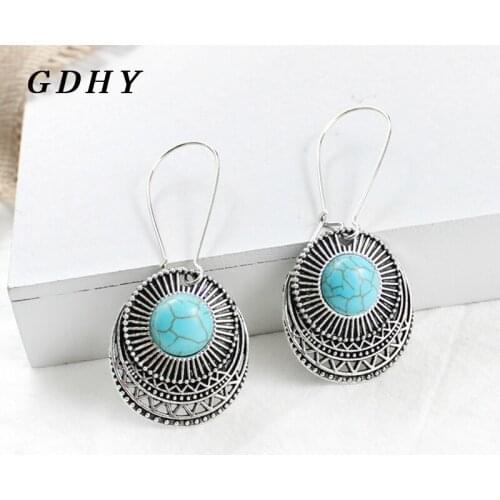 GDHY Earrings Ancient Silver Round Hollowed-out Lace Blue Natural Stone Jewelry Drop Earrings Vintage Bohemian Earrings Jewelry