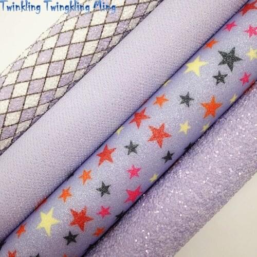 Purple Glitter leather, Diamonds Stars Printed Faux Leather,Synthetic Leather For Bow A4 21x29CM Twinkling Ming KM257