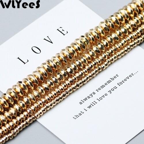 WLYeeS 14 Gold plating Hematite bead 4 6 8 10mm charm natural stone Flat round spacer Loose bead for jewelry making Bracelet DIY