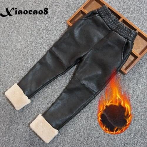 Winter Girls PU Leather Pants Thick Plush Elastic Waist Warm Kids Clothes Leggings Toddler Girl Fall Trousers Children 6 8 9 13