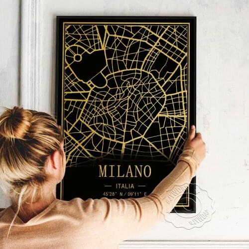 Fashion City Milano Black Golden Image Line Art Print, Italia Milano Map Poster, Nordic Style Geography Location Wall Home Decor
