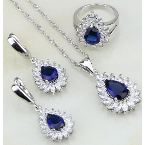 Water Drop Blue Zircon White Rhinestone 925 Sterling Silver Jewelry Sets For Women Earring/Pendant/Necklace/Ring Free Gift Box